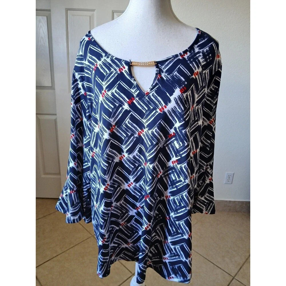 Always Indigo Womens‎ Blouse 2X Colorful Mutiprint 3/4 Bell Sleeve With Keyhol